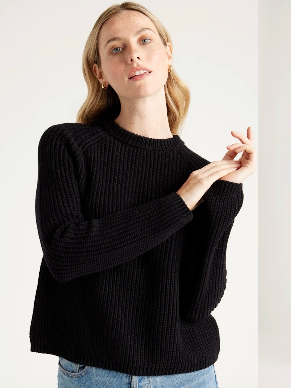 QUINCE 100% Organic Cotton Fisherman Crew Sweater Black Size M